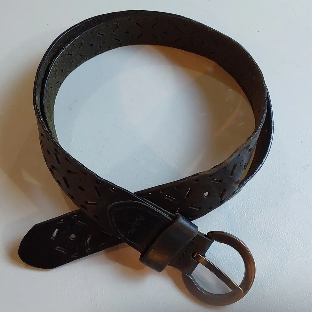 Rolfs | Black Perforated Design Premium Leather Belt Bronze Circle Buckle Sz.XL